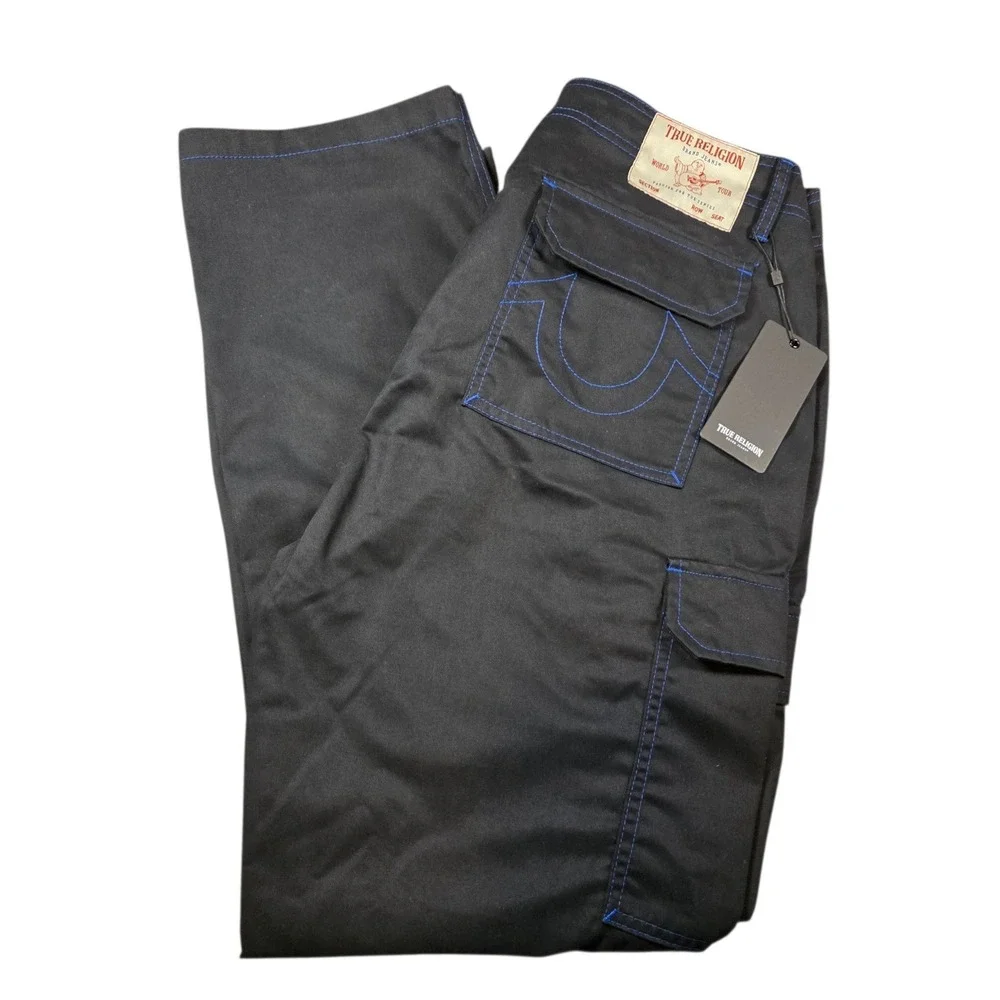 True Religion Mens Cargo Pants Jet Black Pacific Blue Stitching Size 36 NWT